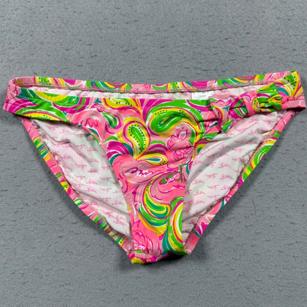 Lilly Pulitzer Pink Green Flamingo Paisley Bikini Bottoms Side Tie Swim XS